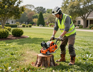 Worker using a chainsaw to cut a tree stump in a suburban yard.