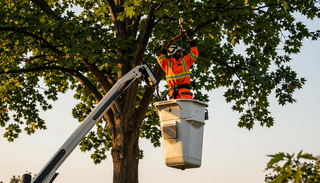 Worker in a safety vest trimming tree branches from a bucket lift.