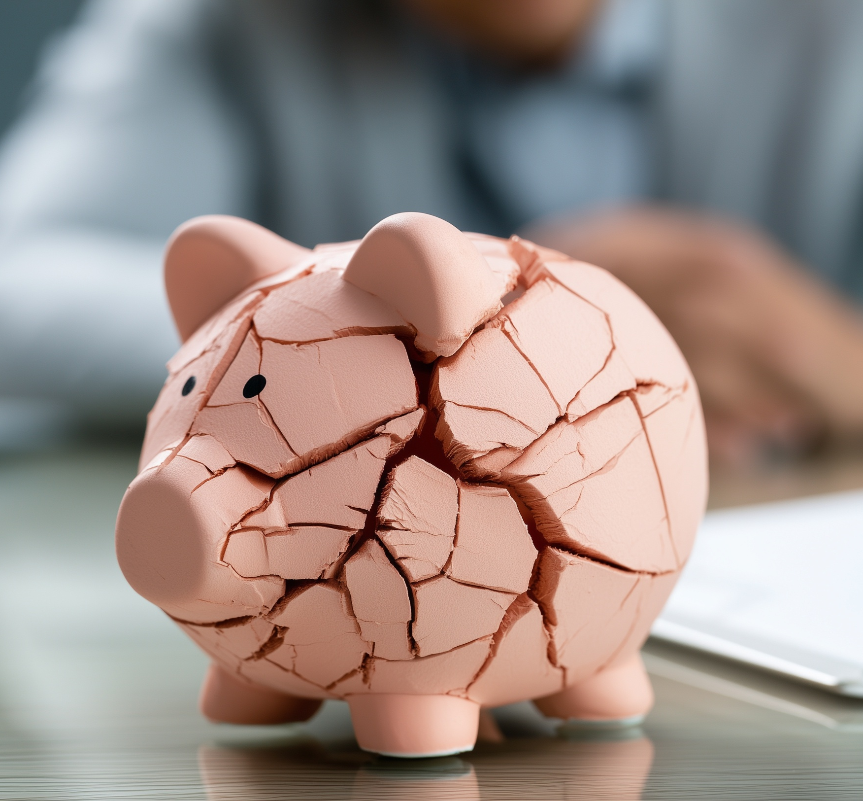 Cracked pink piggy bank on a desk with a blurred person in the background — Susan Lax Law Office Cracked pink piggy bank on a desk with a blurred person in the background