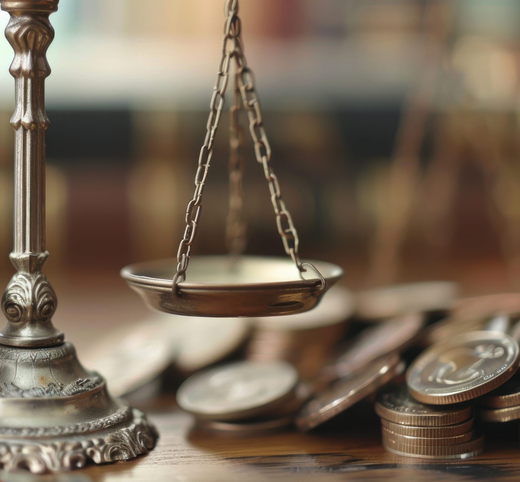 How the Personal Bankruptcy Process Works — Susan Lax Law Office Brass balance scale beside stacked coins on a blurred wooden surface