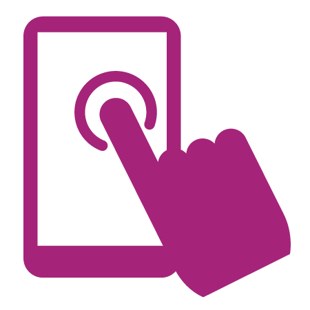 A purple icon of a hand pressing a button on a tablet.