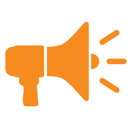 An orange icon of a megaphone on a white background.
