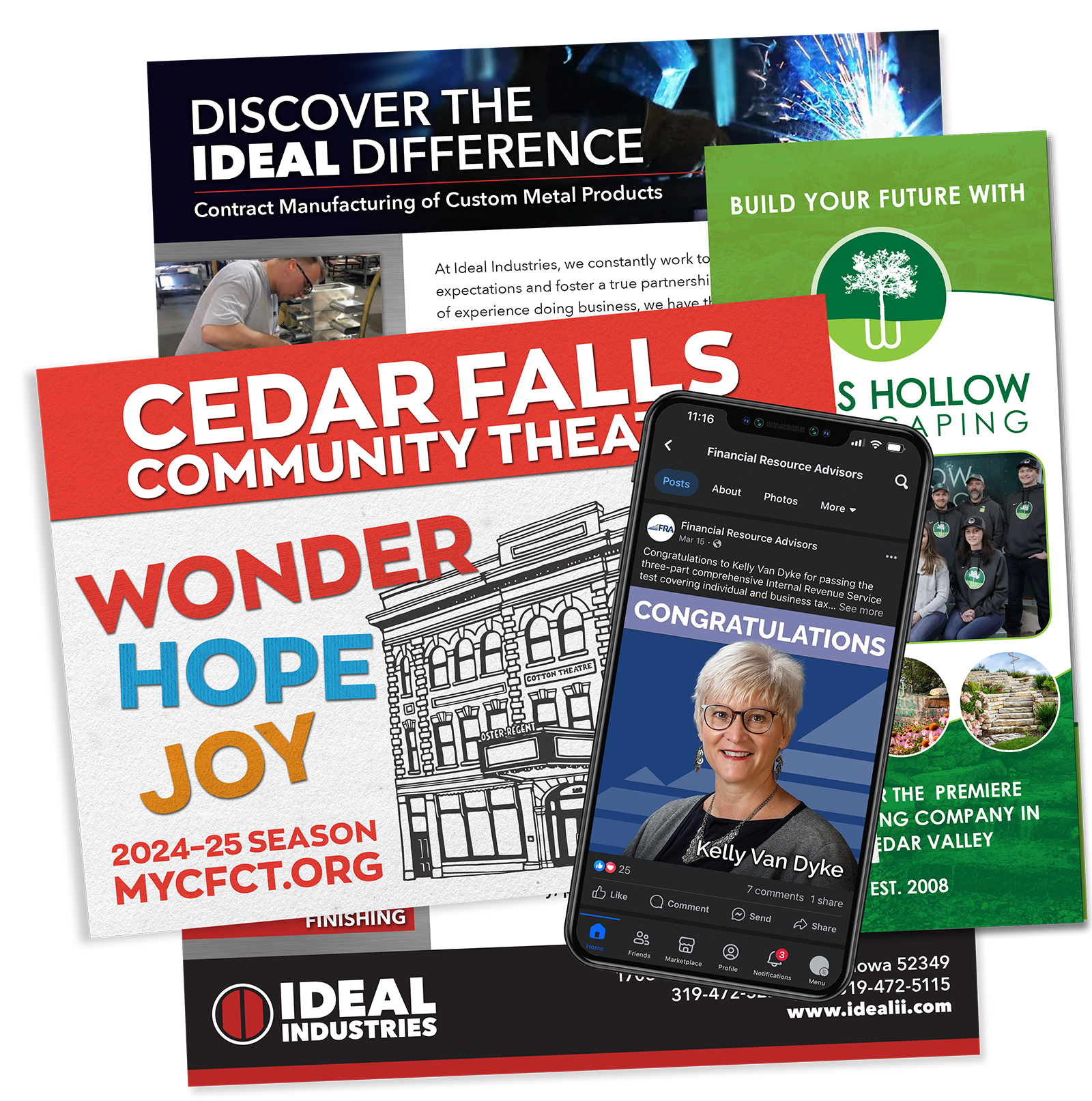 Several flyers including one for cedar falls community thea