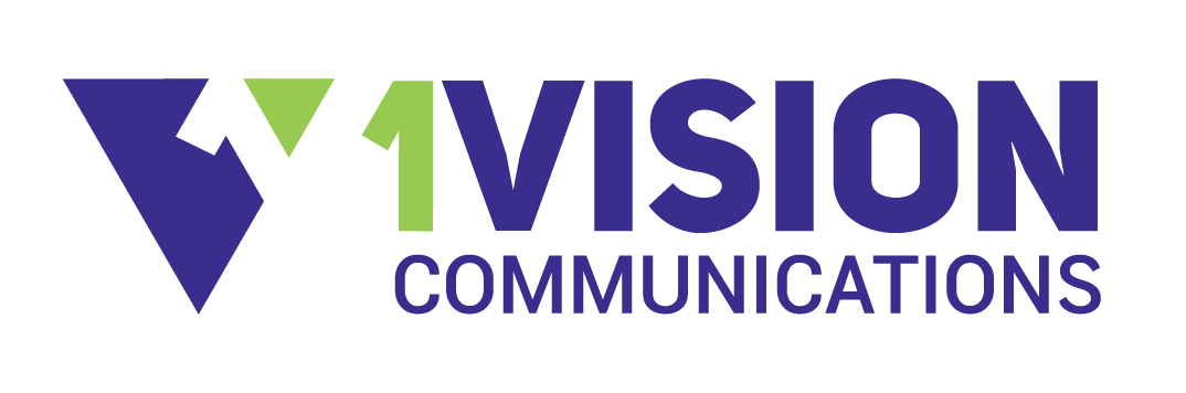 The logo for vision communications is blue and green with a triangle in the middle.