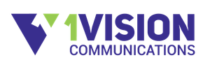 The logo for vision communications is blue and green with a triangle in the middle.