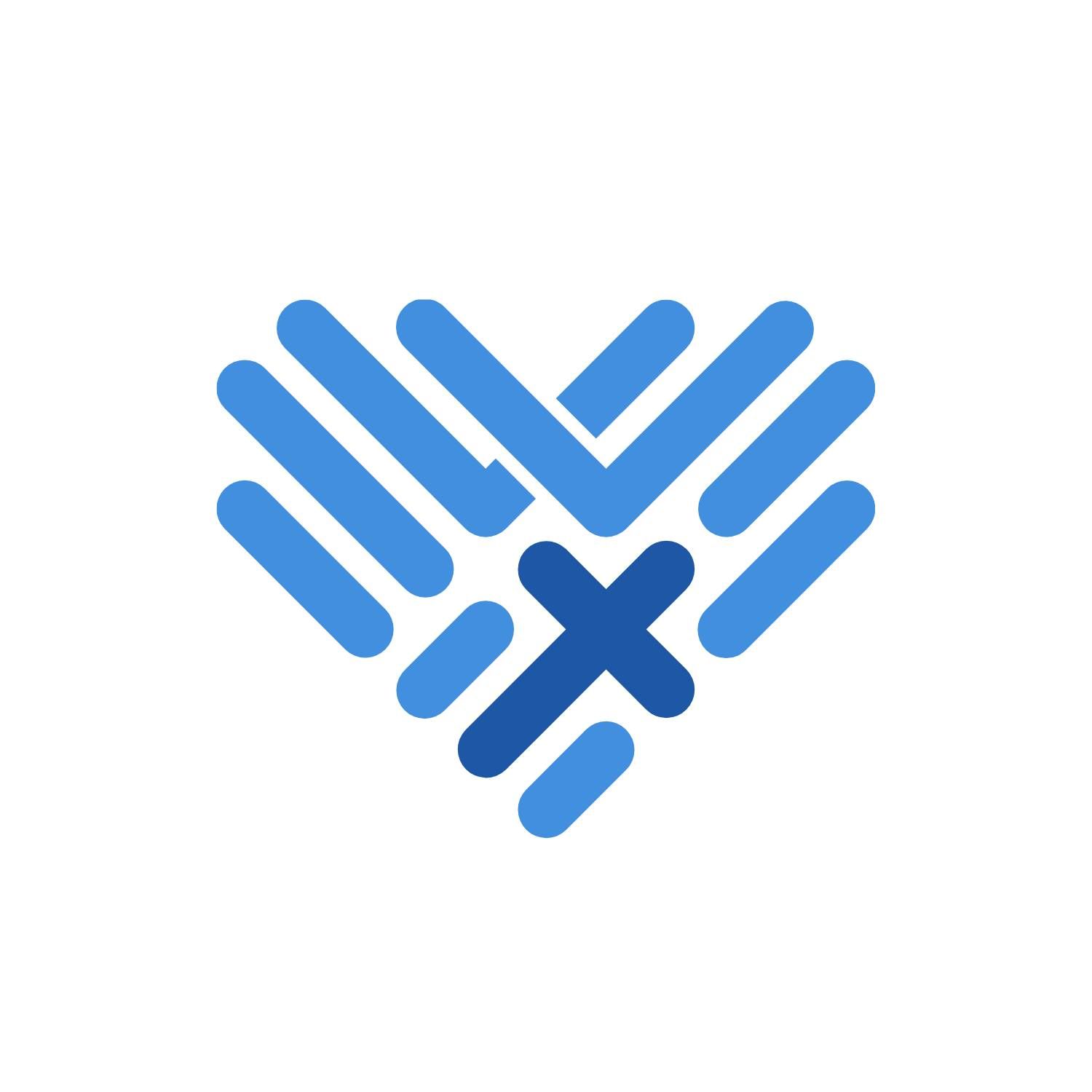 A blue heart with a cross in the middle on a white background.