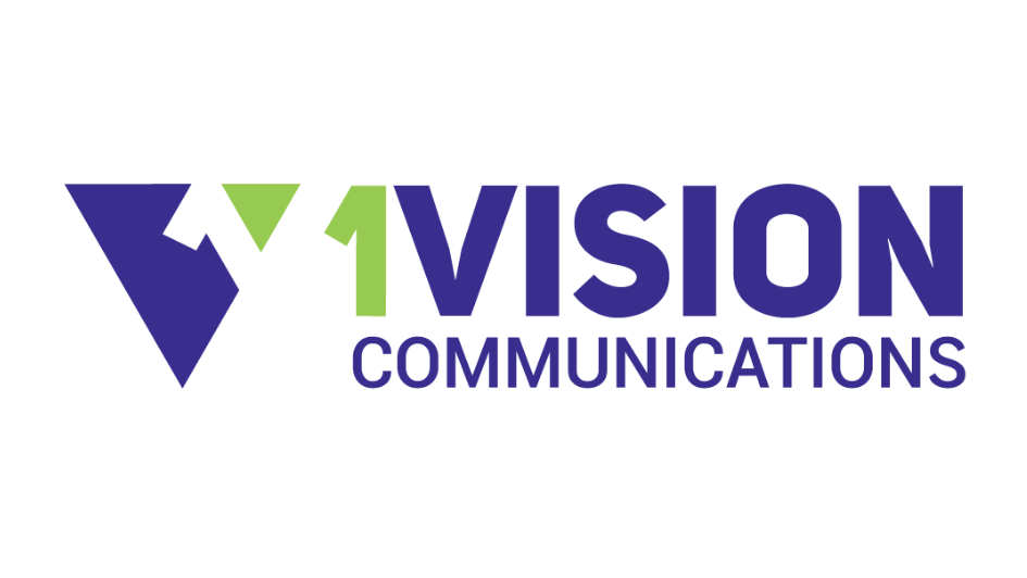 The logo for 1 vision communications is blue and green with a triangle in the middle.