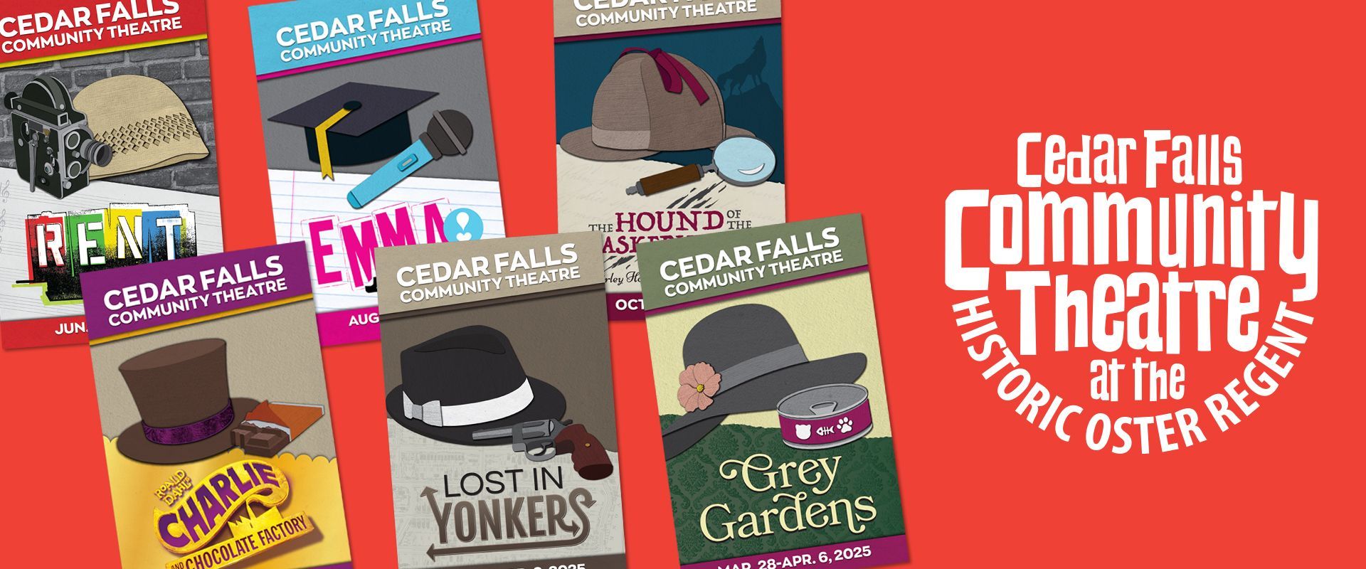The cedar falls community theatre has a lot of posters on their wall.