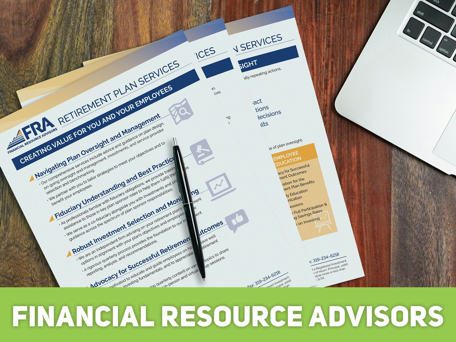 A financial resource advisors brochure is on a table next to a laptop