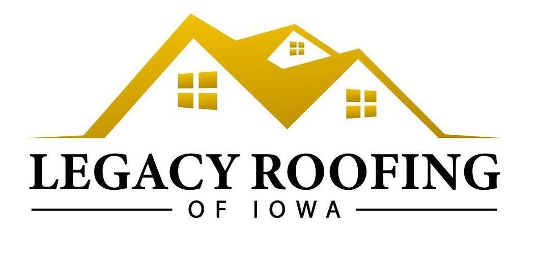 A logo for legacy roofing of iowa with a house on the roof