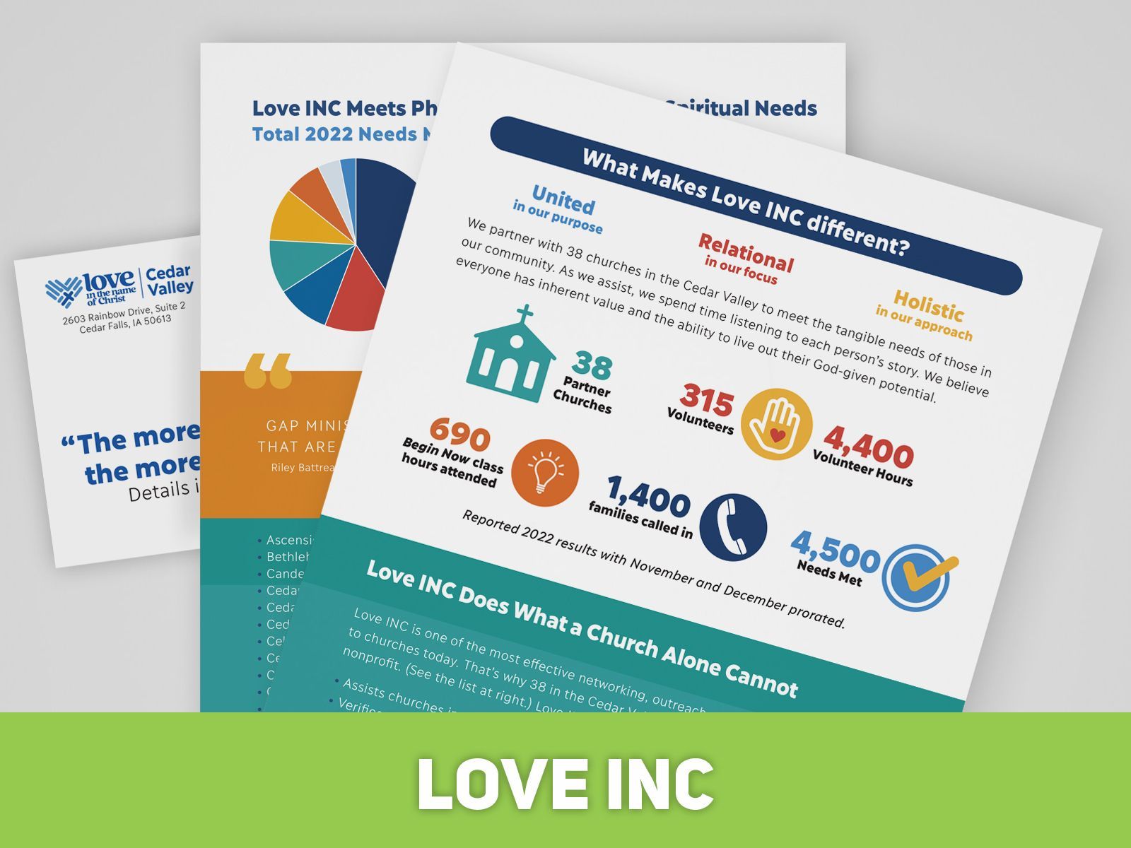 A flyer for love inc is displayed on a green background