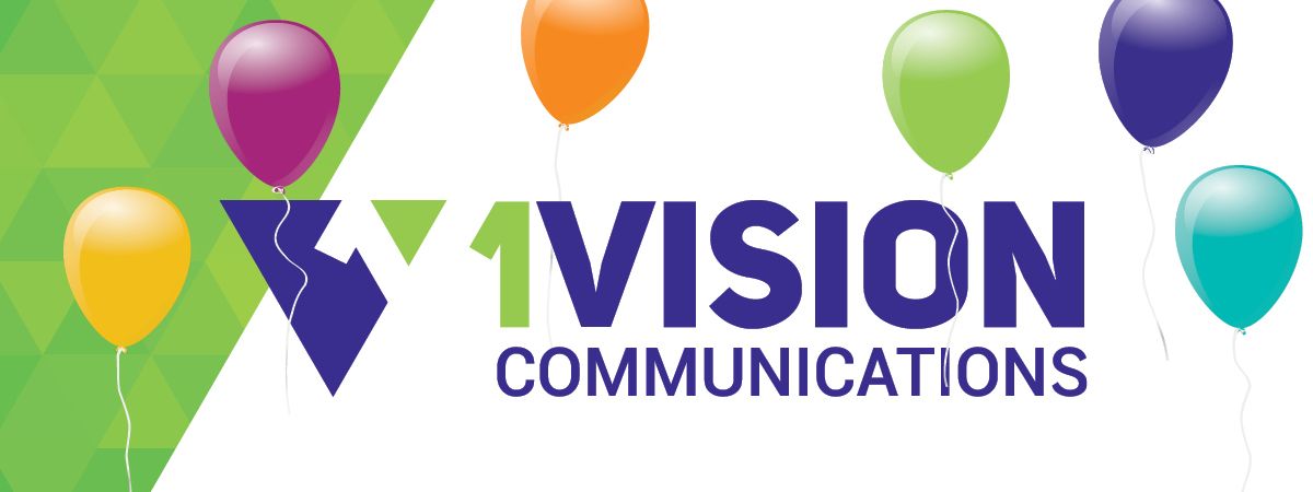 A logo for 1 vision communications with balloons in the background