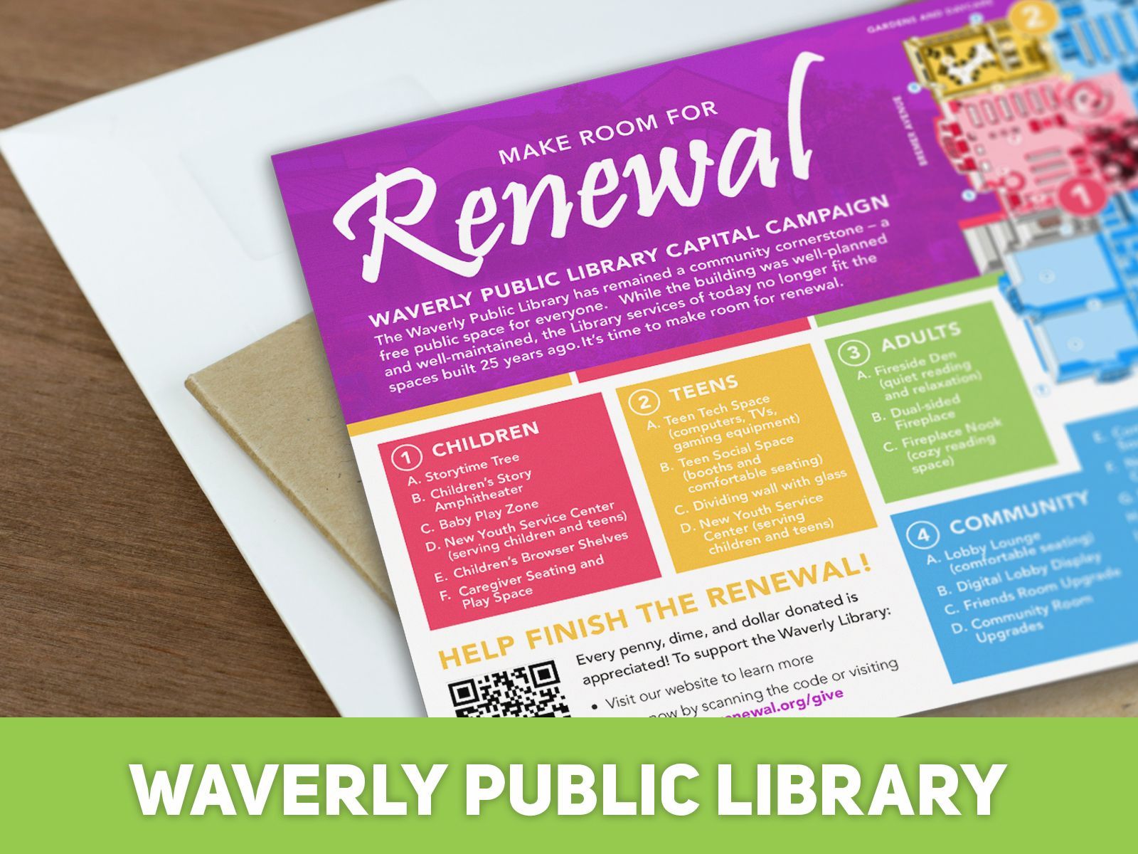 A flyer for the waverly public library is on a table