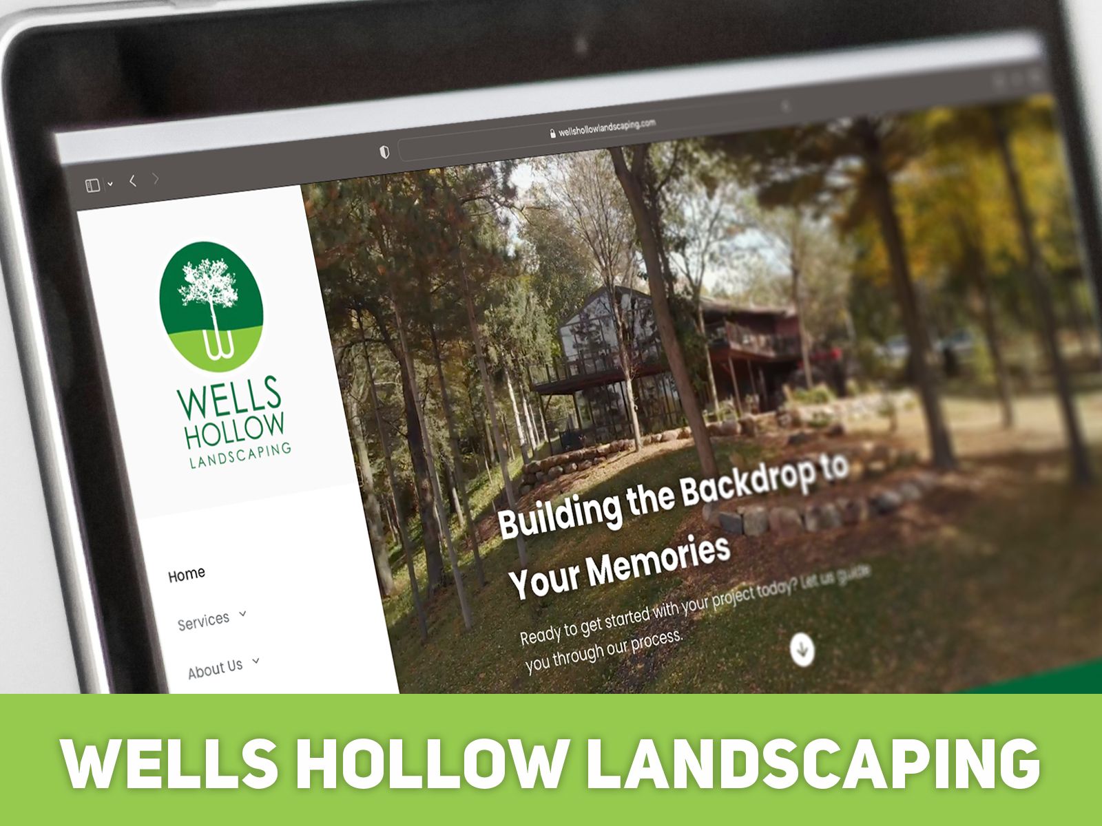 A wells hollow landscaping website is displayed on a laptop.