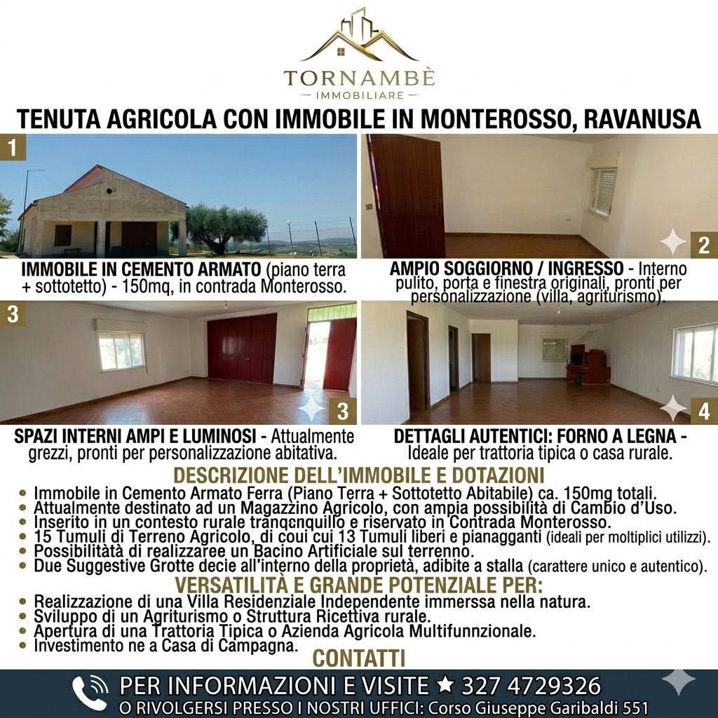 Collage di annunci immobiliari rustici per Tenuta Agricola a Monterosso, Ravanusa, con foto della casa e testo descrittivo