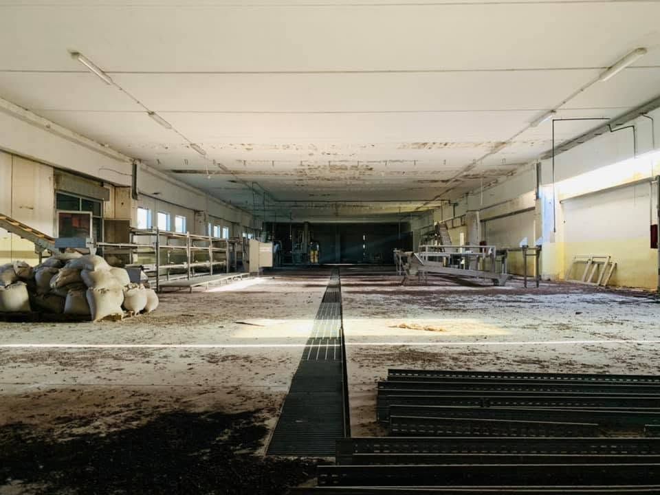 Interno di un magazzino industriale abbandonato, con detriti, soffitto a vista e un corridoio centrale buio.