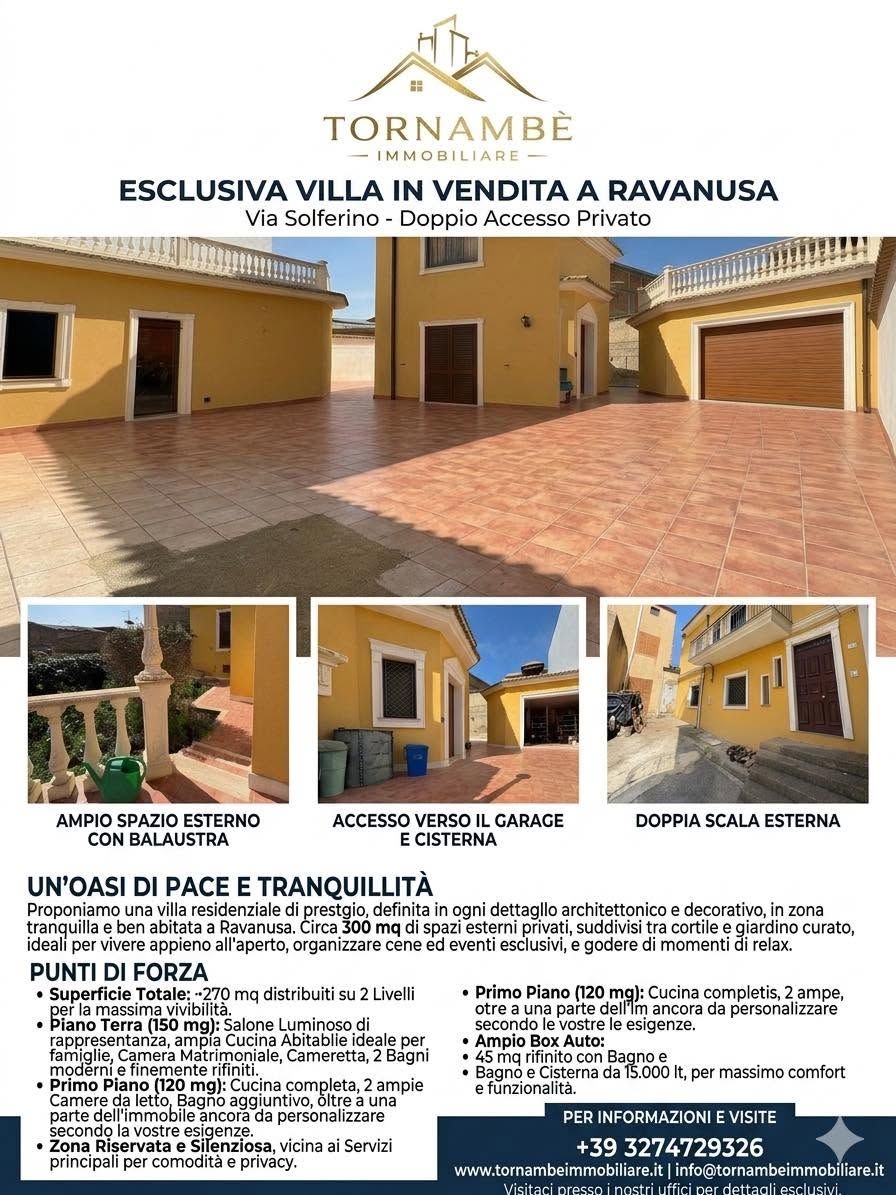 Annuncio immobiliare per una villa a Ravanusa con cortile interno, esterni gialli e dettagli dell'immobile.