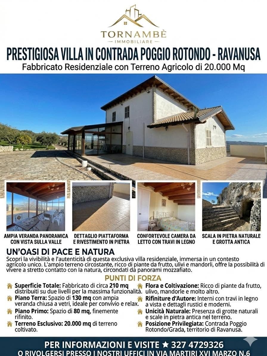 Anuncio inmobiliario di una villa rustica con terrazza, giardino e interni, in campagna con vista panoramica.