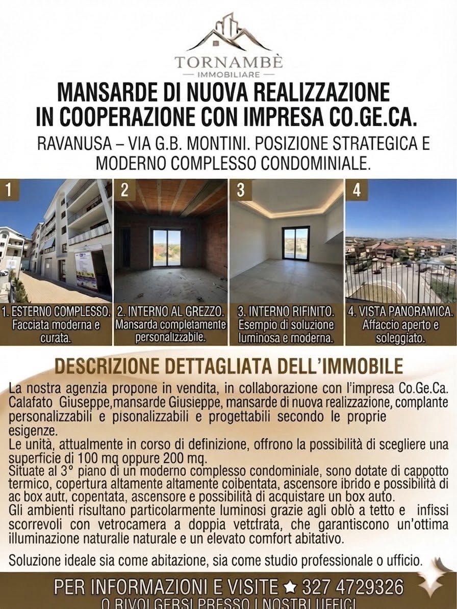 Annuncio immobiliare per mansarda nuova a Recanati, con foto di interni e vista panoramica in bianco e nero.
