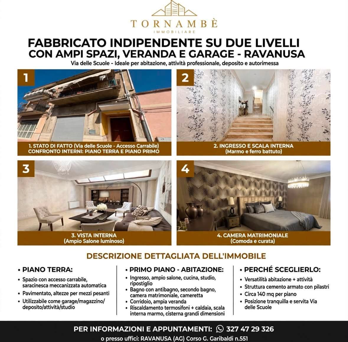 Brochure immobiliare di villa indipendente su due livelli con spazi esterni, veranda e garage, 4 foto interne ed esterne