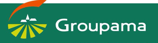 Logo di Groupama con sfondo verde, testo bianco e icona a forma di sole giallo.