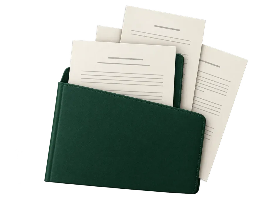 Dossier vert contenant plusieurs feuilles blanches avec des lignes imprimées