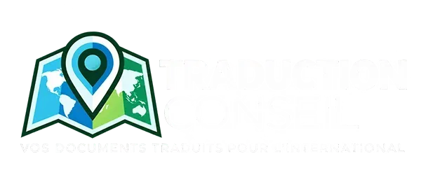 Logo d'Apostille Conseil avec une épingle bleue sur une carte et une icône de document, texte en français en dessous
