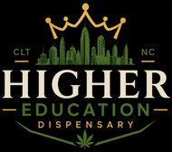 Higher Education Dispensary logo with gold crown, green skyline, and white text on black background