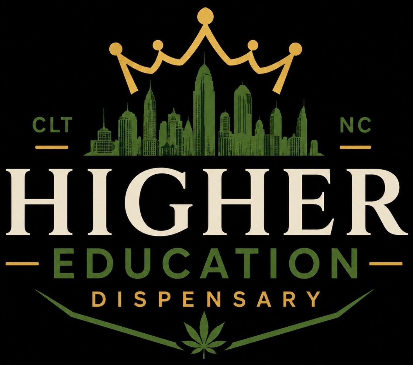 Higher Education Dispensary logo with gold crown, green skyline, and white text on black background