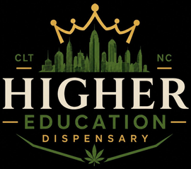 Higher Education Dispensary logo with gold crown, green skyline, and white text on black background