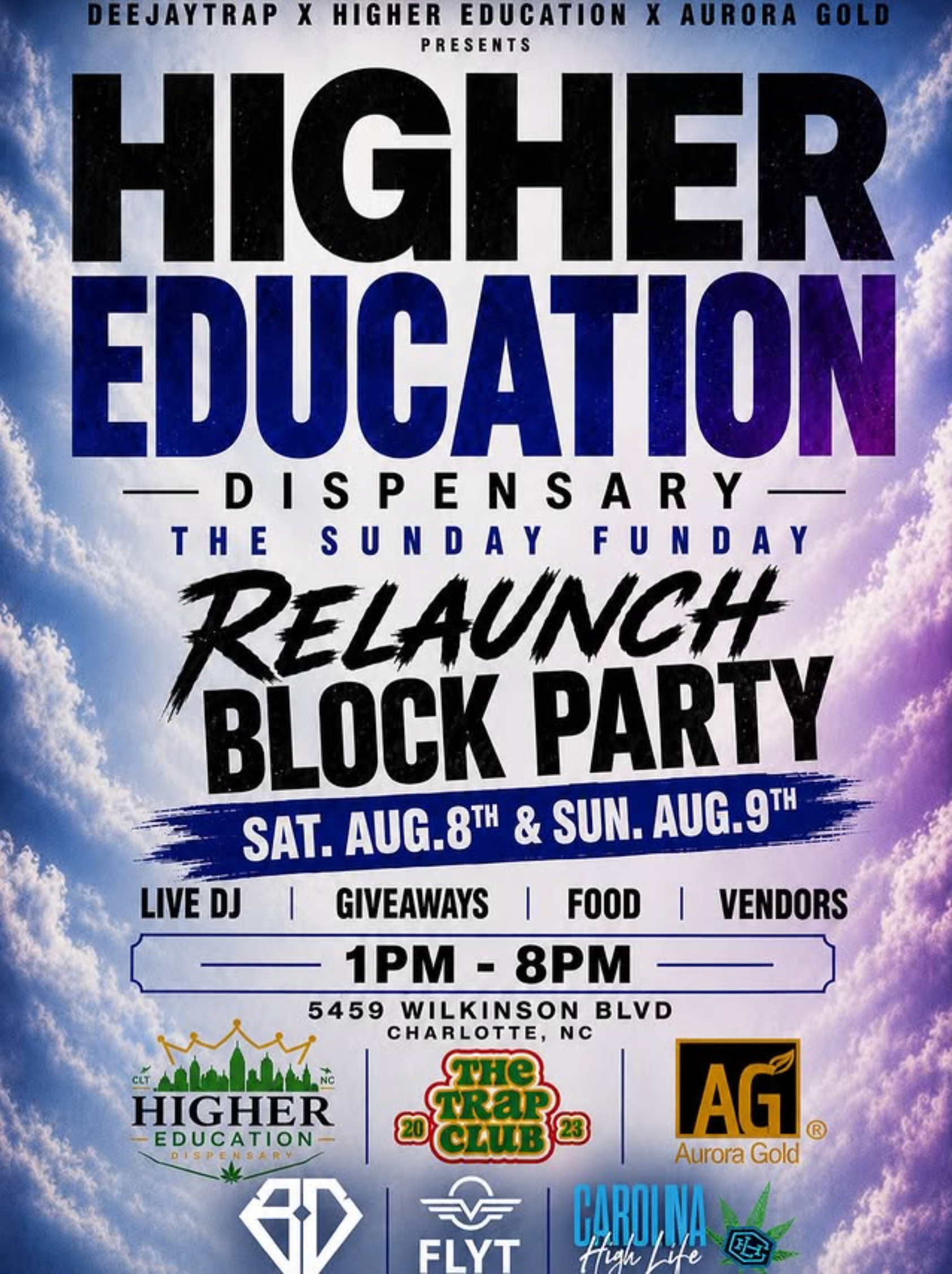 Higher Education “The Relauch Block Party” flyer with date, time, and sponsor logos on a blue background