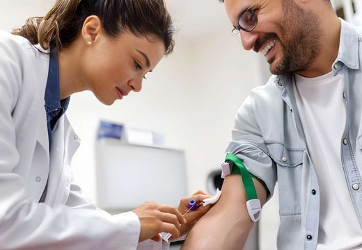 Certified phlebotomist preparing blood draw tray