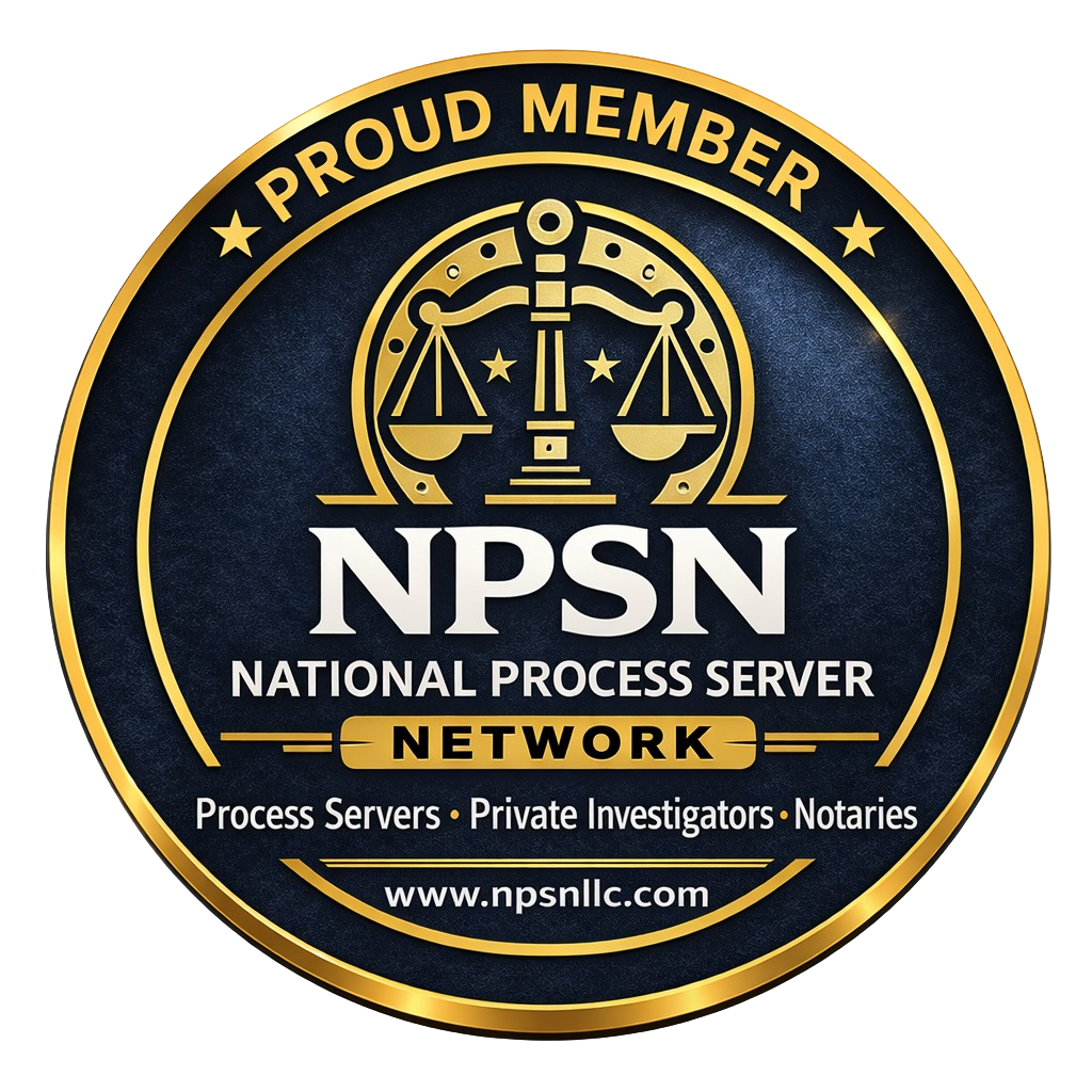 Round NPSN logo with gold scales, “Proud Member,” and text for National Process Server Network.