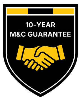 Black shield badge with yellow handshake and text “10-YEAR M&C GUARANTEE”