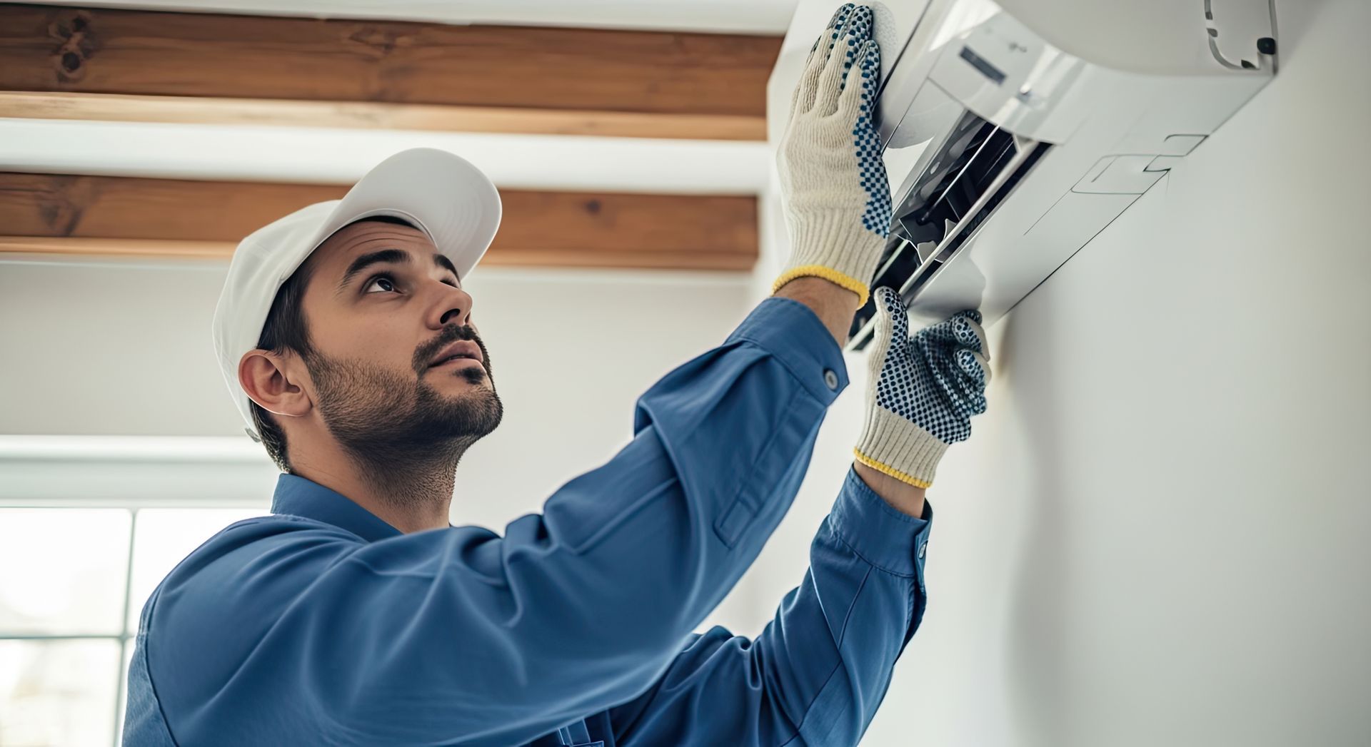 Heating contractor servicing wall-mounted HVAC unit during residential system maintenance.