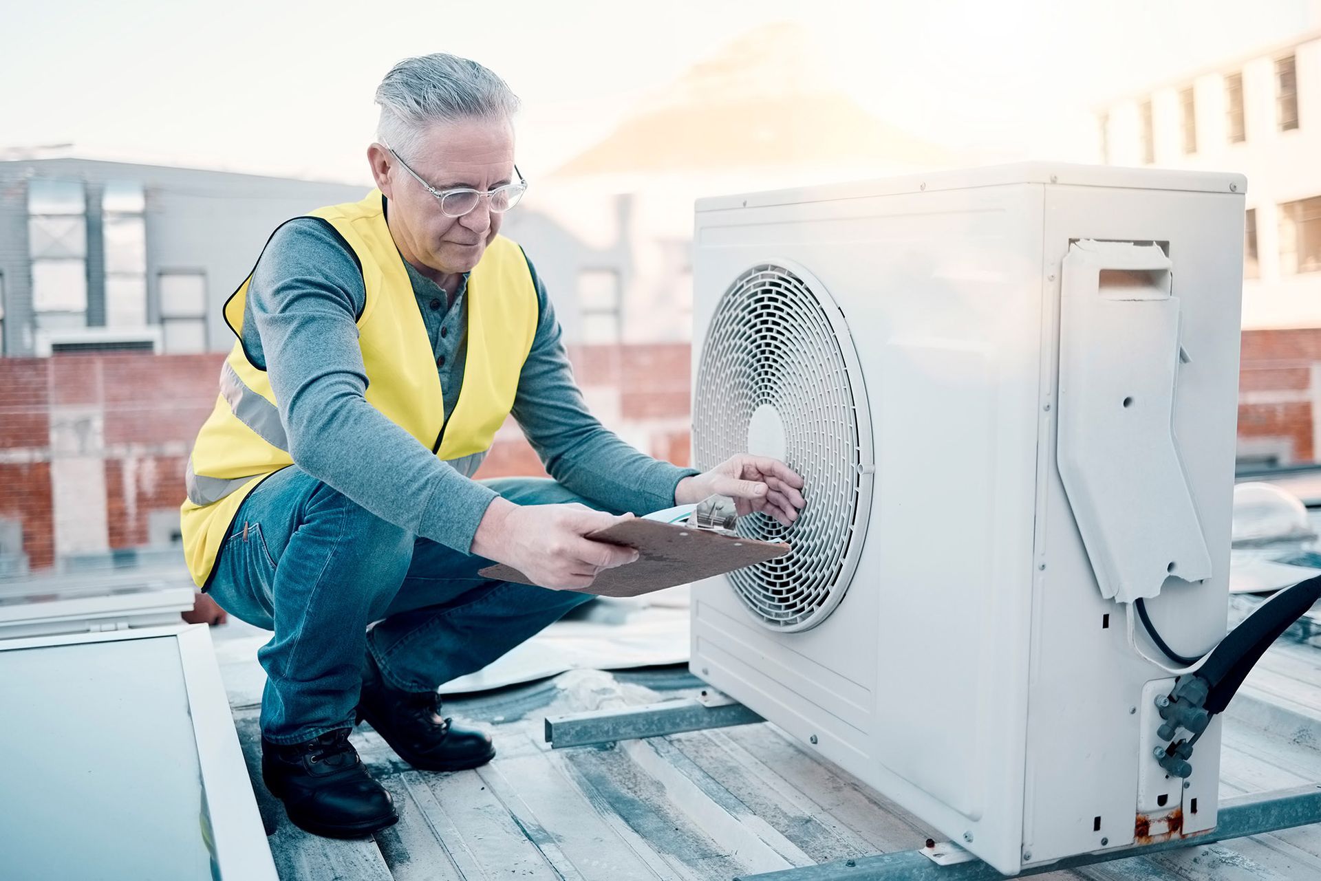 HVAC technician inspecting an air conditioning unit on a rooftop, holding clipboard, wearing a safety vest.