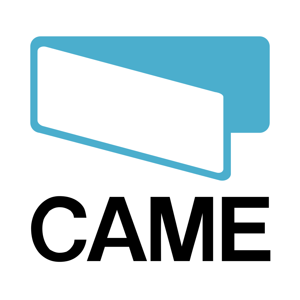 Logo CAME con una forma astratta blu e bianca sopra un testo nero.