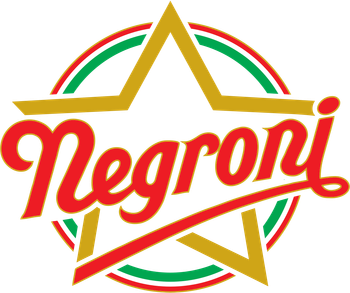 Logo Negroni in scritta rossa sopra una stella contornata d'oro e strisce circolari verdi e rosse.