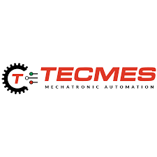 Logo TECMES con icona a forma di ingranaggio nero e testo rosso 