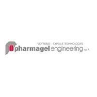 Logo di Pharmagen Engineering in grigio e rosa su sfondo bianco.