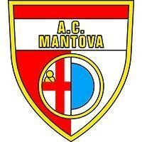 Stemma della squadra di calcio AC Mantova nei colori rosso, bianco, giallo e blu con un disegno a scudo e testo