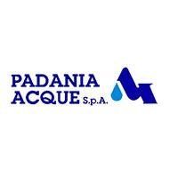 Logo di Padania Acque SpA in testo blu con un simbolo astratto dell'acqua, anch'esso blu.