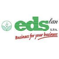Logo aziendale verde “eds” con la scritta “lan SPA” e slogan rosso “Business for your business”
