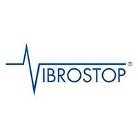 Logo Vibrostop con linea blu a forma di battito cardiaco e testo su sfondo bianco.