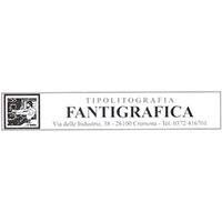 Logo in bianco e nero per Tipolitografia Fantigrafica con emblema decorativo e testo dell'indirizzo.