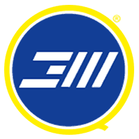 Logo circolare blu con lettere bianche stilizzate all'interno di un anello giallo.