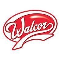 Logo Walcor rosso in corsivo all'interno di una forma ovale arrotondata.