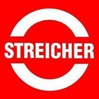 Logo bianco “STREICHER” su sfondo rosso, con un arco circolare bianco sopra e sotto il testo.