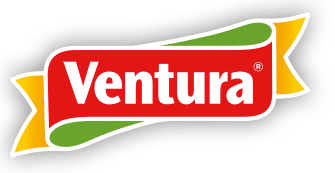 Logo Ventura in testo bianco su sfondo rosso con dettagli a nastro verdi e gialli.