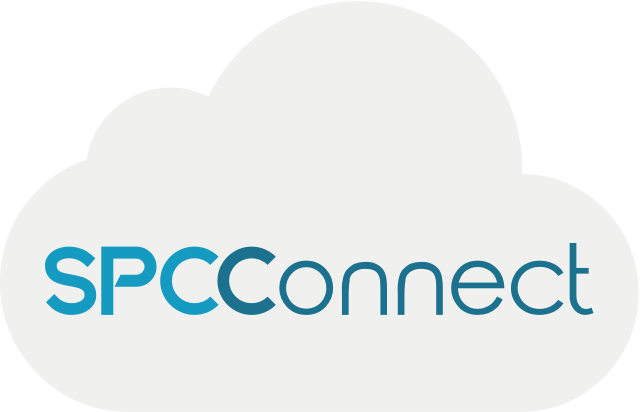 Logo di SPC Connect in blu e grigio su sfondo di nuvole.